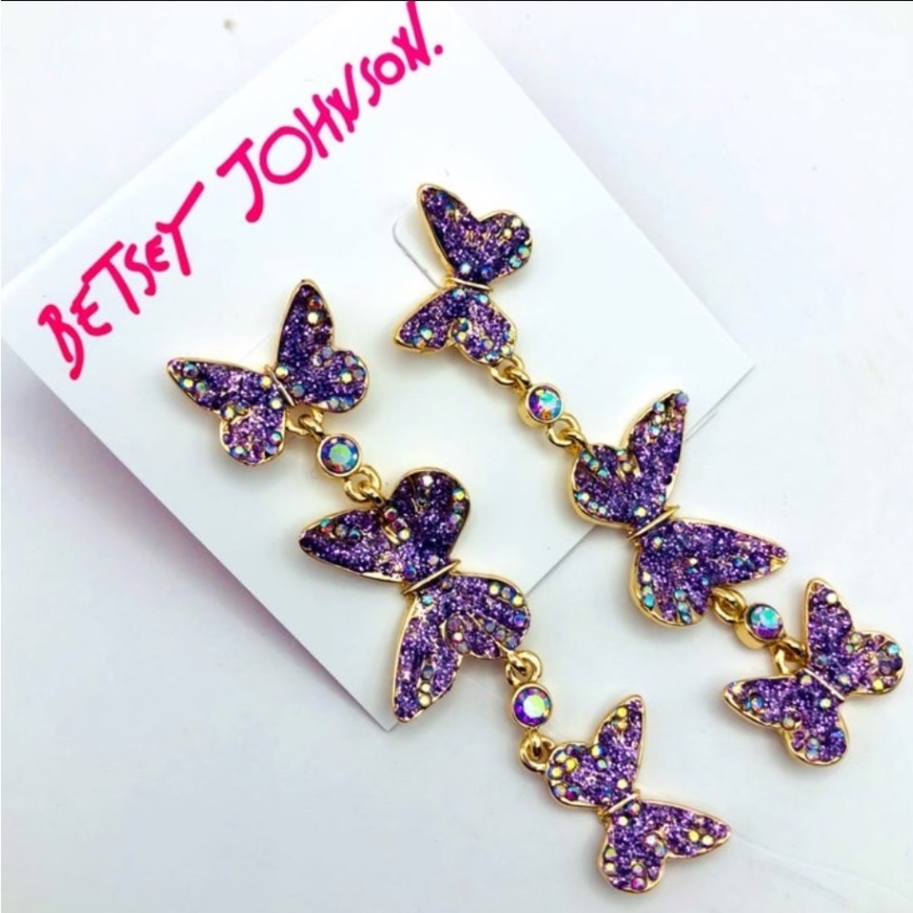 BETSEY JOHNSON Purple & Gold-Tone Crystal Triple Mismatch Butterfly Earrings NWT